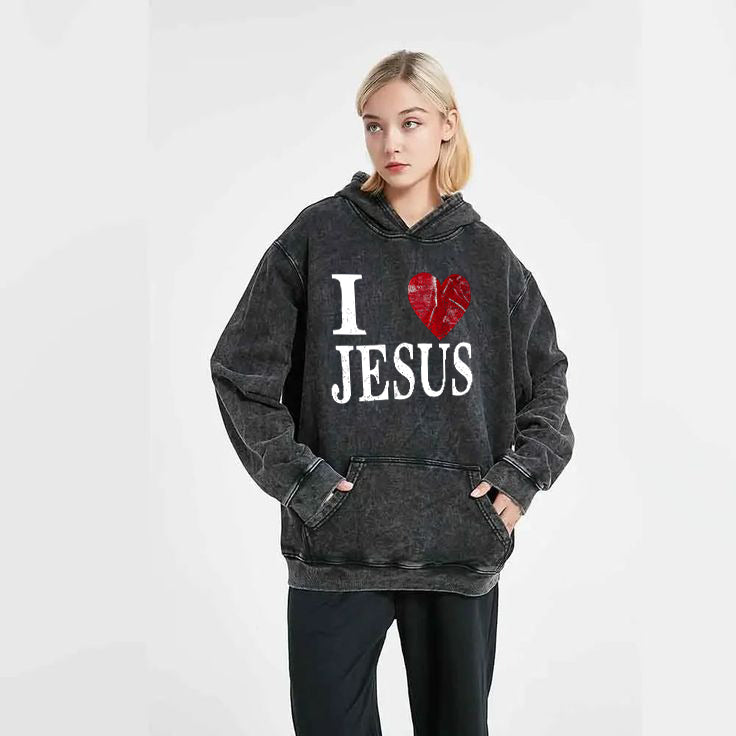 I Love Jesus Retro Unisex Washed Hoodie