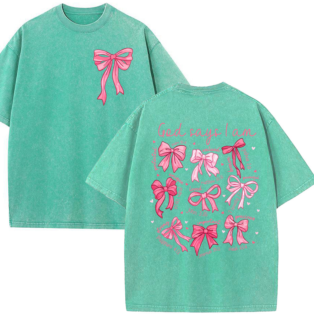 God Says I Am Pink Bow Christian Unisex Washed T-shirt