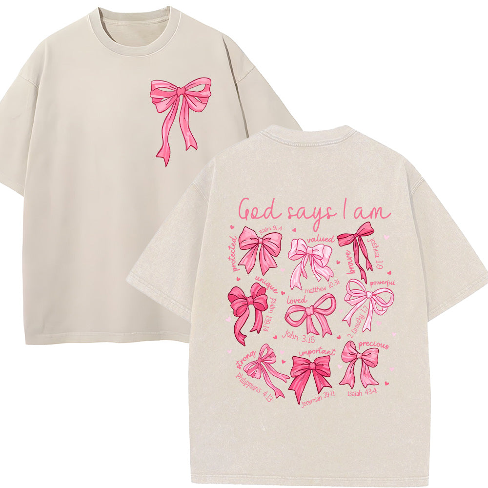 God Says I Am Pink Bow Christian Unisex Washed T-shirt