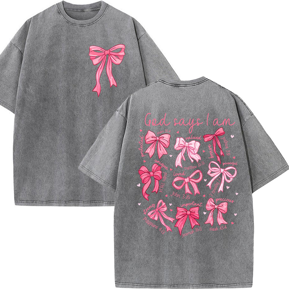God Says I Am Pink Bow Christian Unisex Washed T-shirt