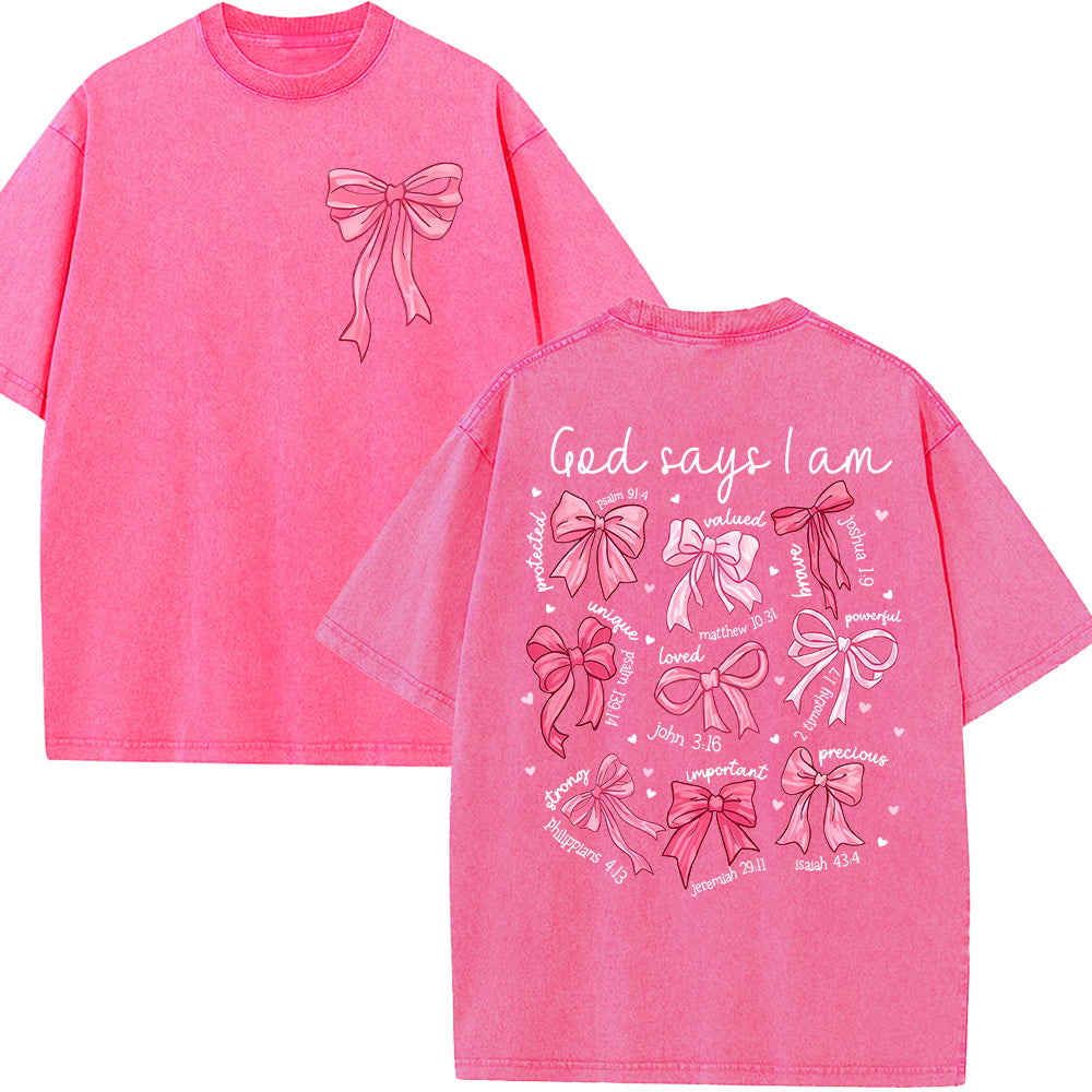 God Says I Am Pink Bow Christian Unisex Washed T-shirt
