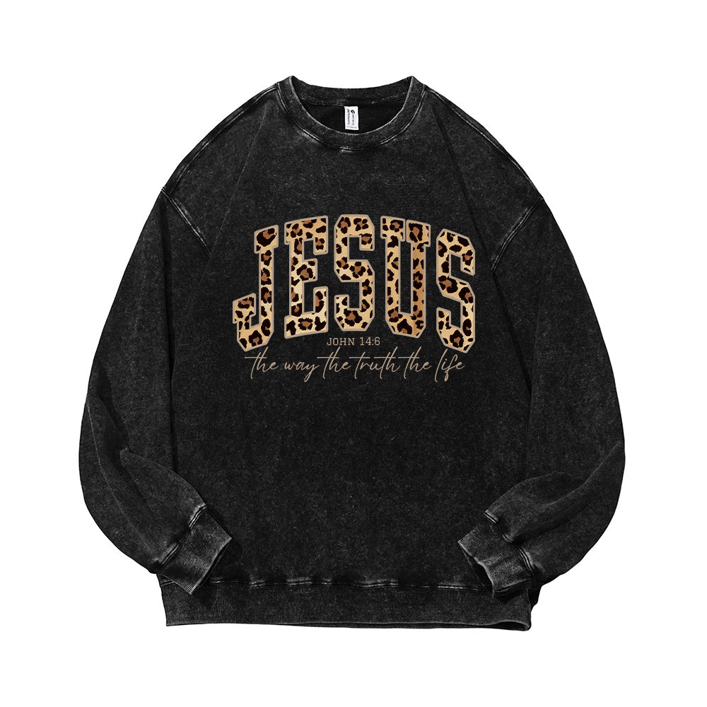 Jesus Cheetah Print Bible Verse Unisex Washed Sweatshirt