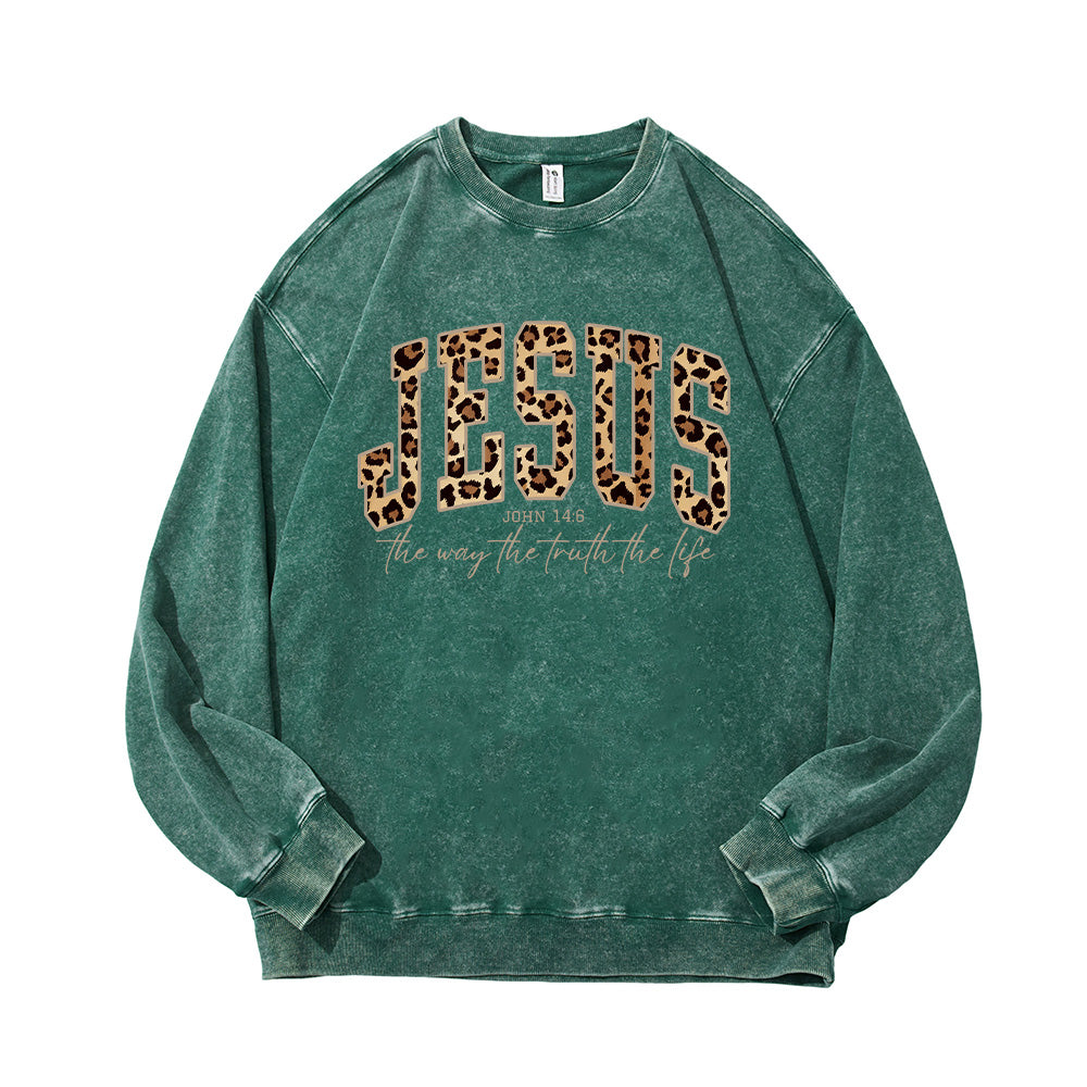 Jesus Cheetah Print Bible Verse Unisex Washed Sweatshirt