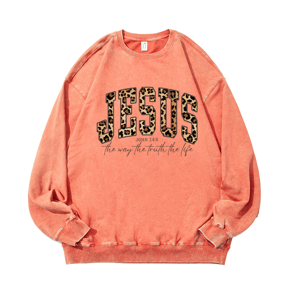 Jesus Cheetah Print Bible Verse Unisex Washed Sweatshirt