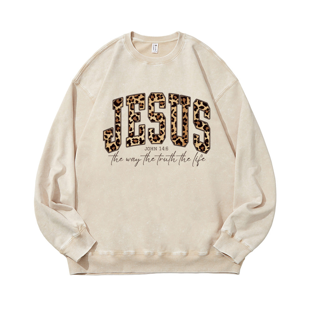 Jesus Cheetah Print Bible Verse Unisex Washed Sweatshirt