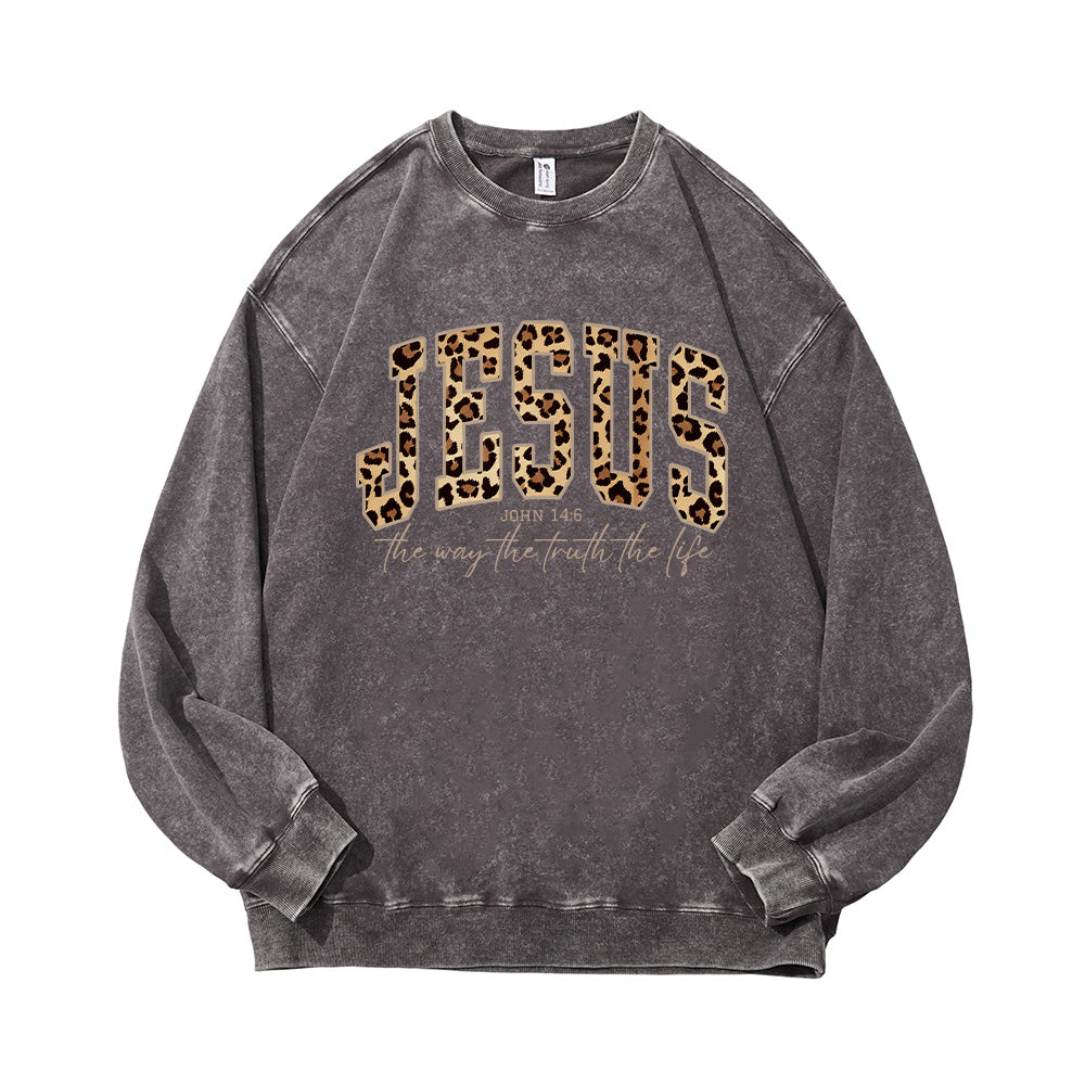 Jesus Cheetah Print Bible Verse Unisex Washed Sweatshirt