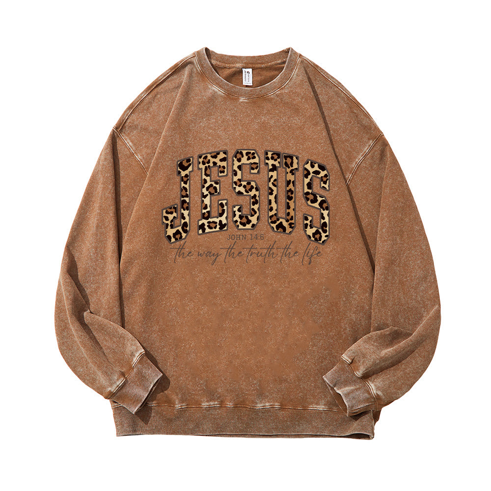 Jesus Cheetah Print Bible Verse Unisex Washed Sweatshirt