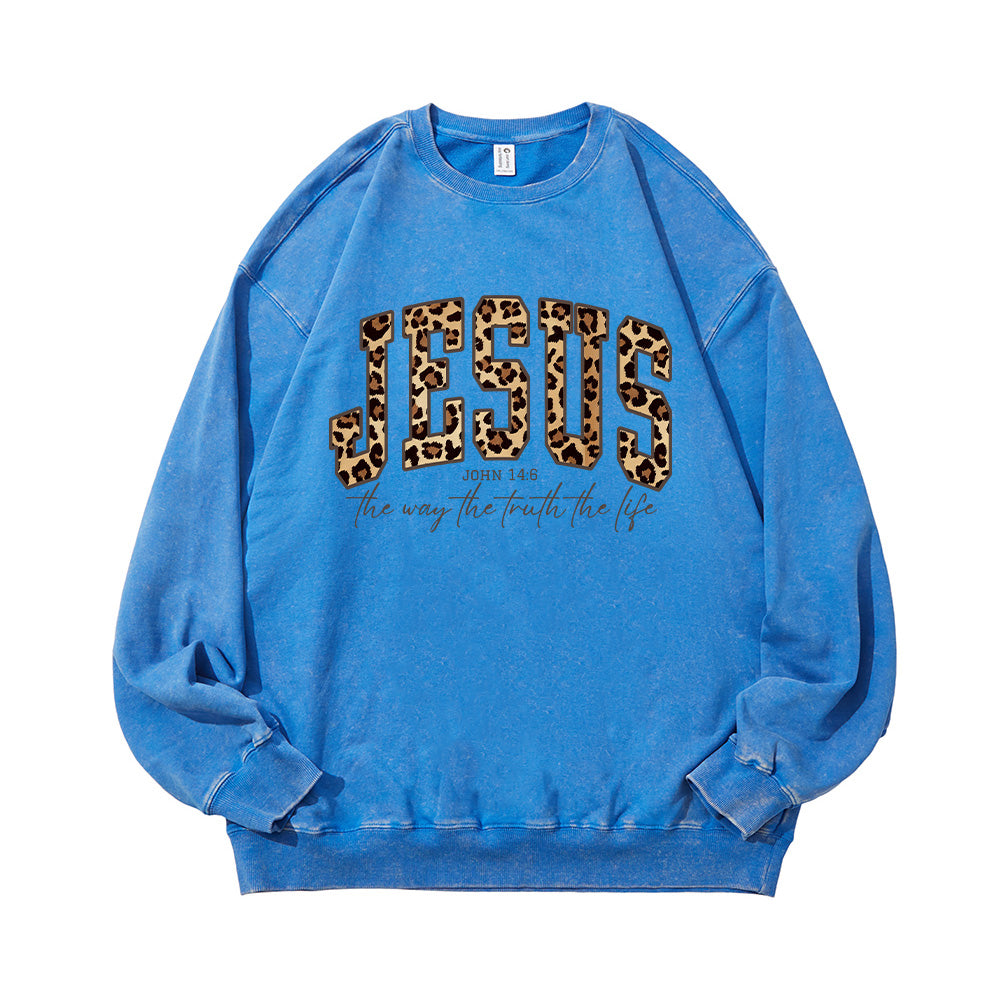 Jesus Cheetah Print Bible Verse Unisex Washed Sweatshirt