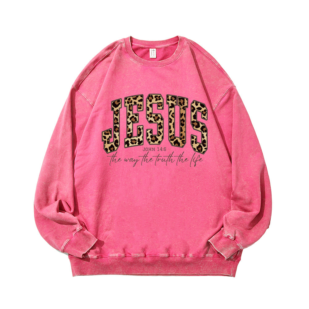 Jesus Cheetah Print Bible Verse Unisex Washed Sweatshirt