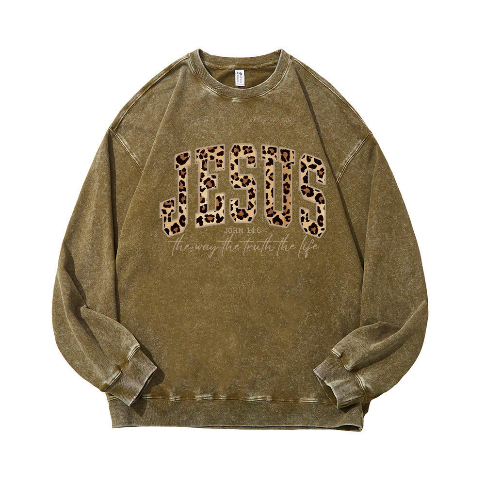 Jesus Cheetah Print Bible Verse Unisex Washed Sweatshirt