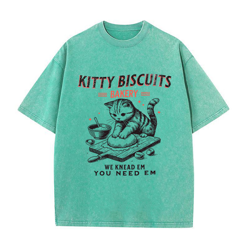 Funny Kitty Biscuits Bakery Unisex Washed T-Shirt