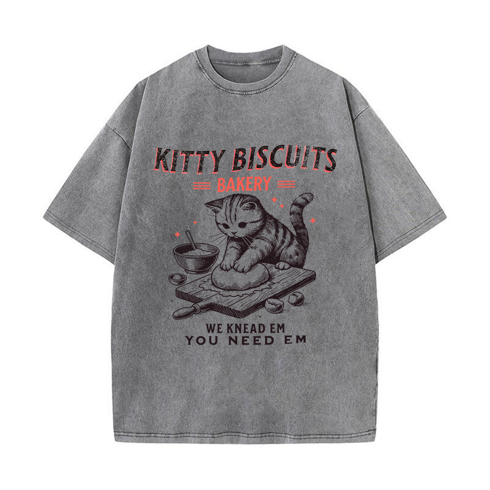 Funny Kitty Biscuits Bakery Unisex Washed T-Shirt