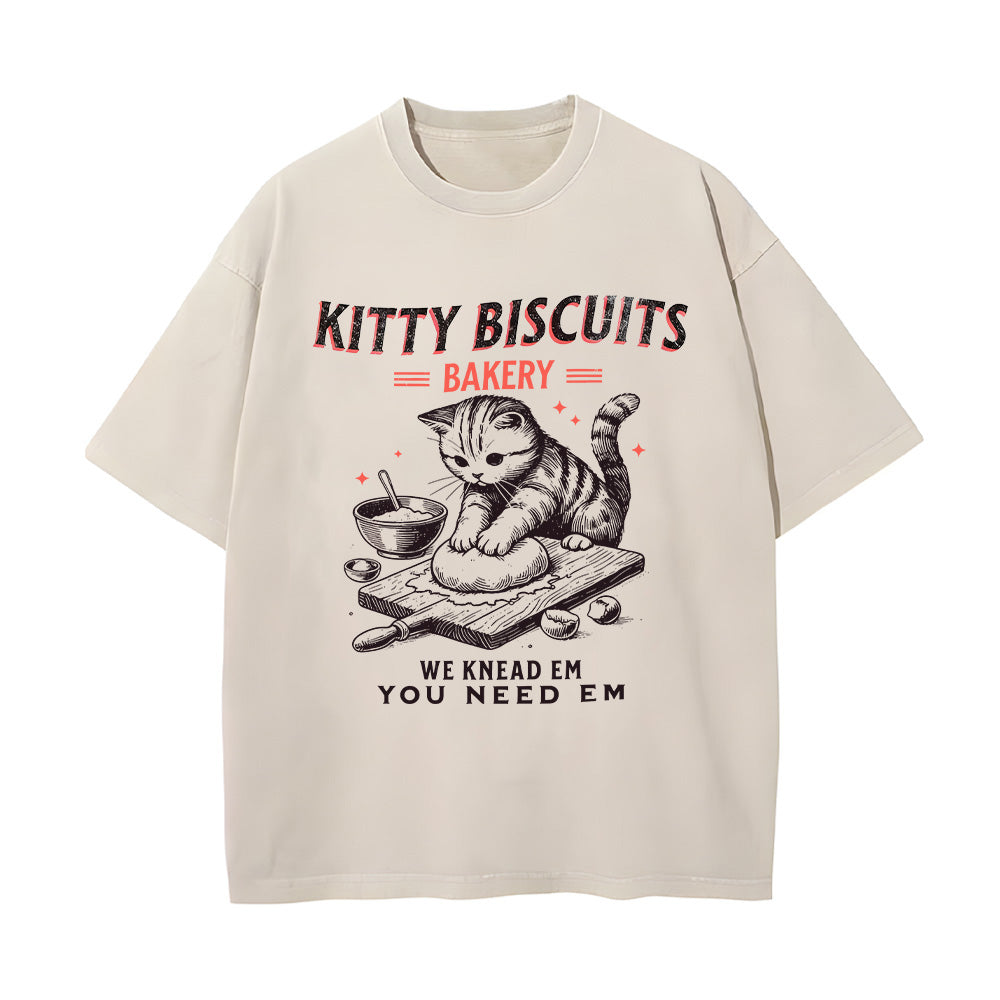 Funny Kitty Biscuits Bakery Unisex Washed T-Shirt