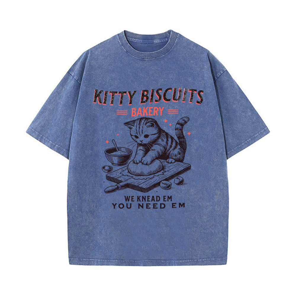Funny Kitty Biscuits Bakery Unisex Washed T-Shirt