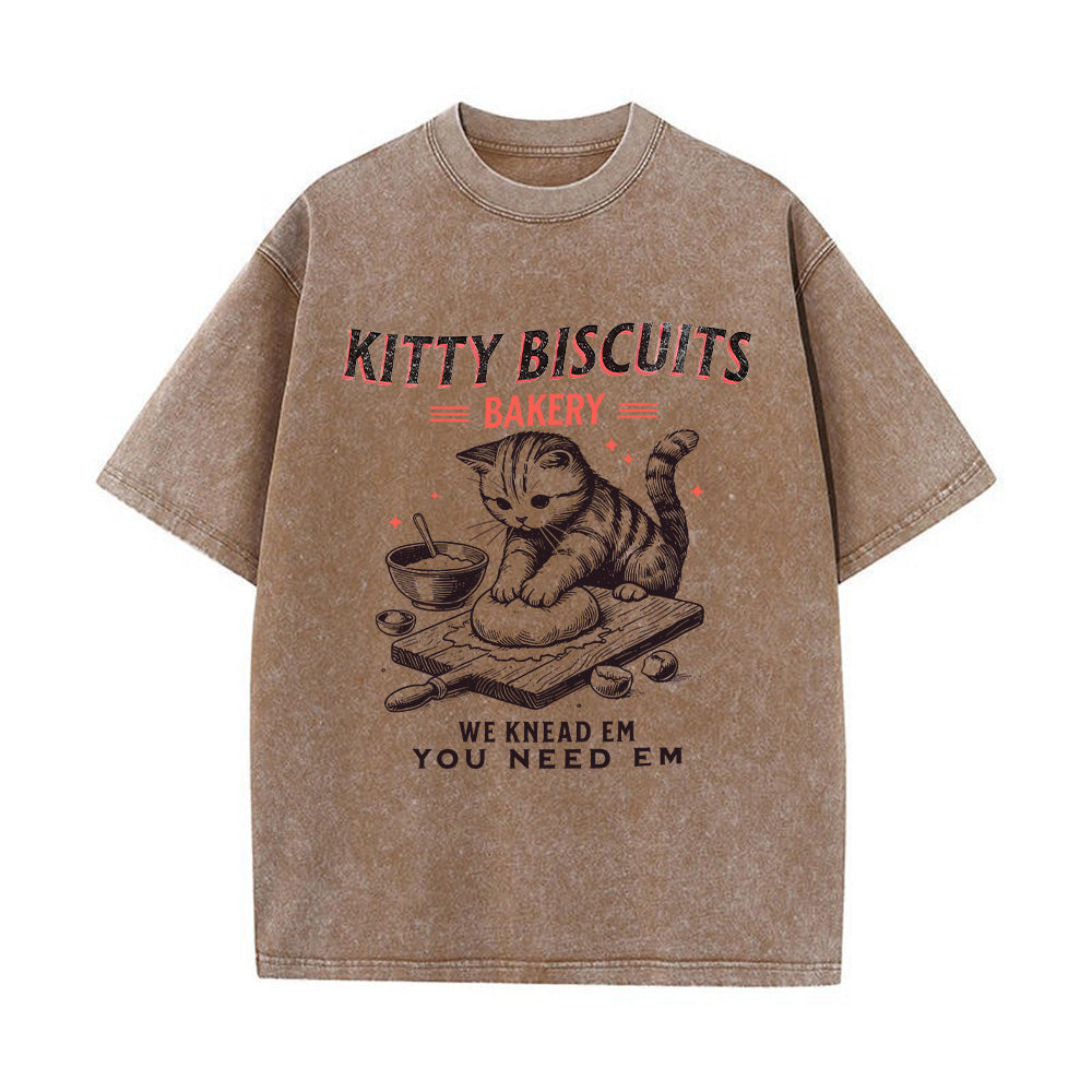 Funny Kitty Biscuits Bakery Unisex Washed T-Shirt