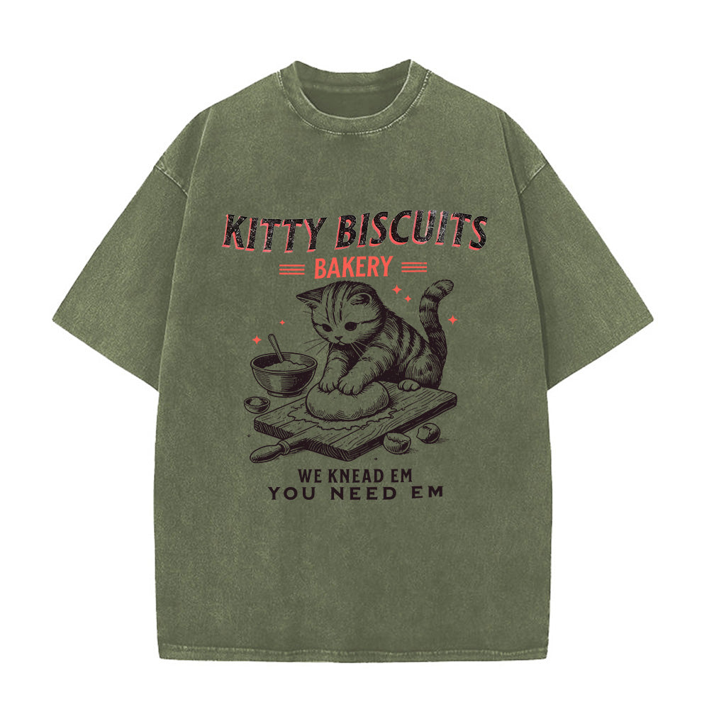 Funny Kitty Biscuits Bakery Unisex Washed T-Shirt