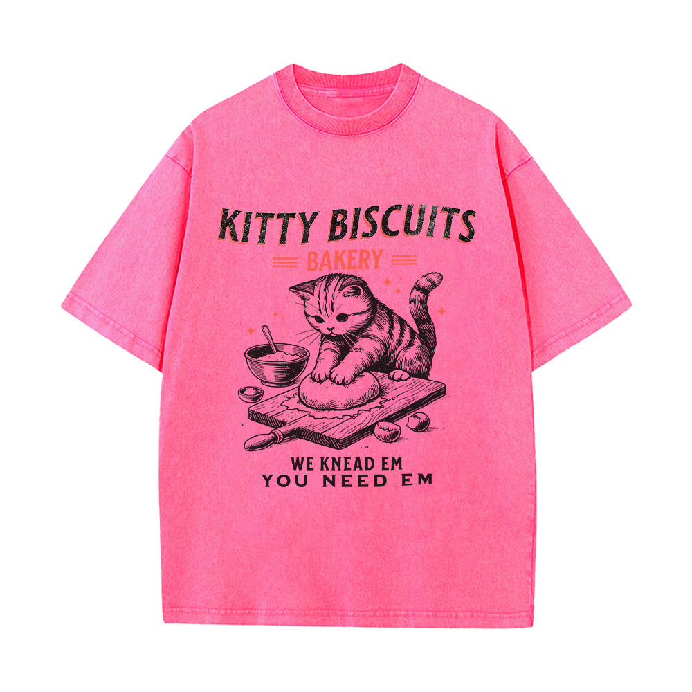 Funny Kitty Biscuits Bakery Unisex Washed T-Shirt