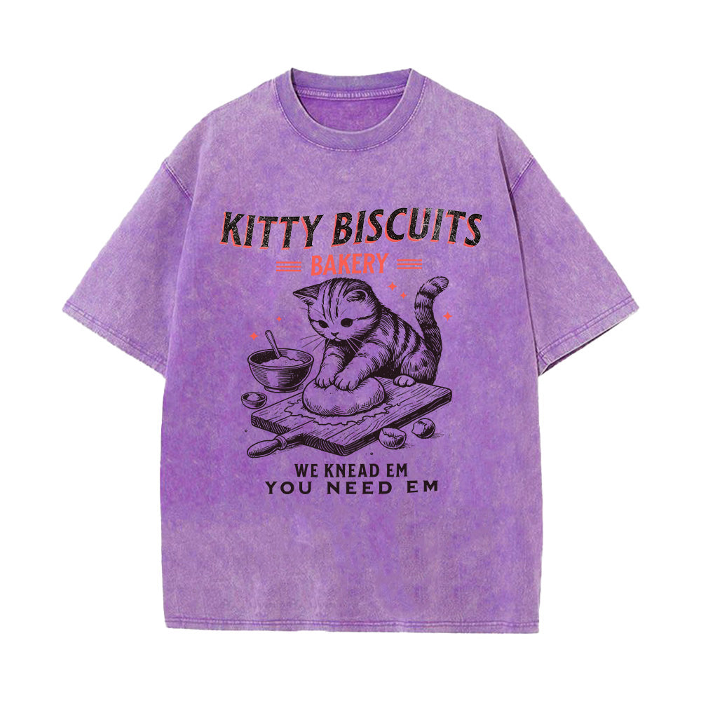 Funny Kitty Biscuits Bakery Unisex Washed T-Shirt