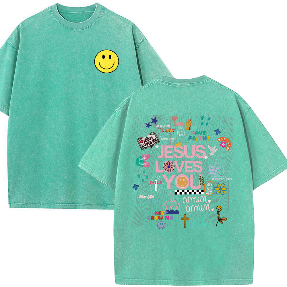 Jesus Loves You with Front Pocket Collage Unisex Washed T-Shirt