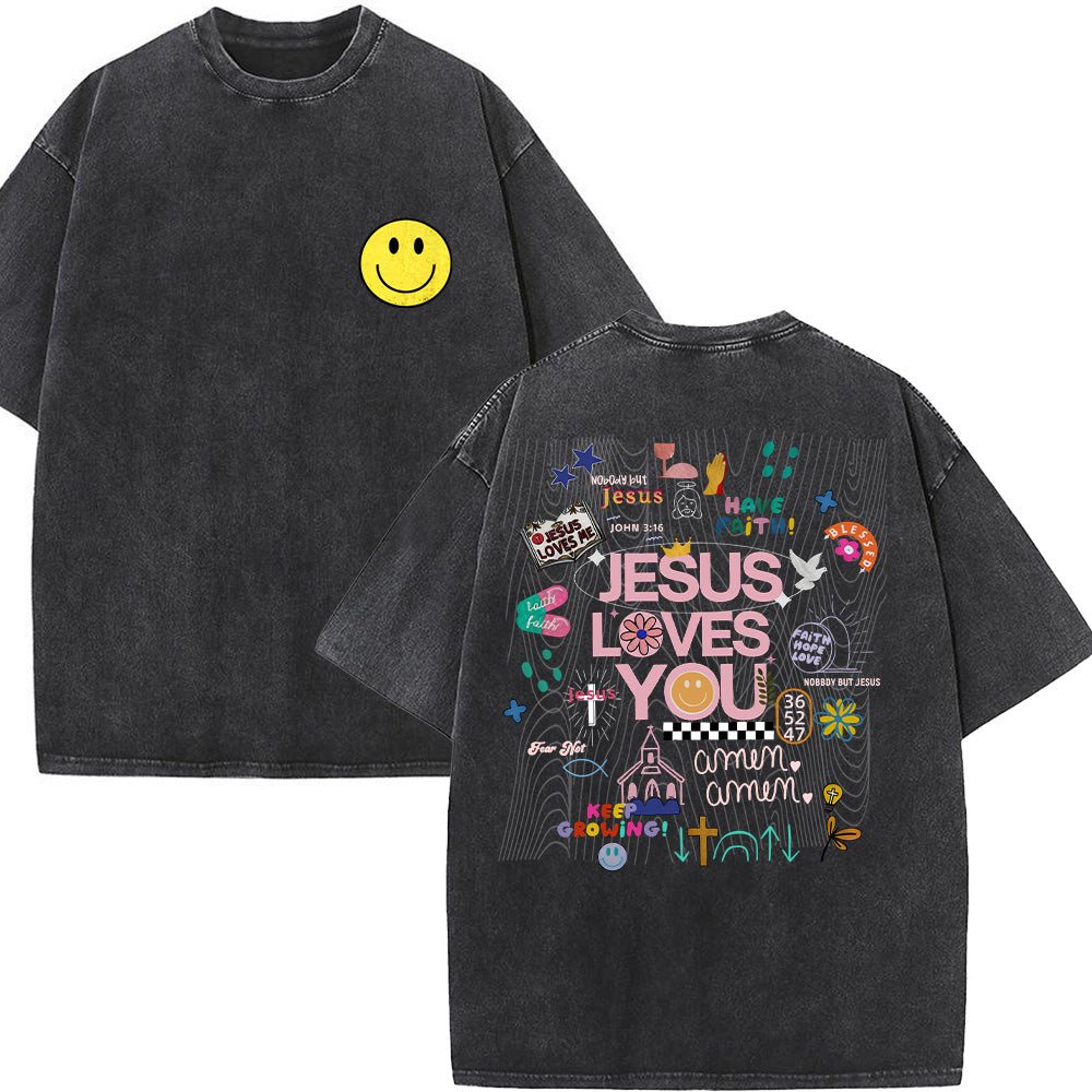 Jesus Loves You with Front Pocket Collage Unisex Washed T-Shirt