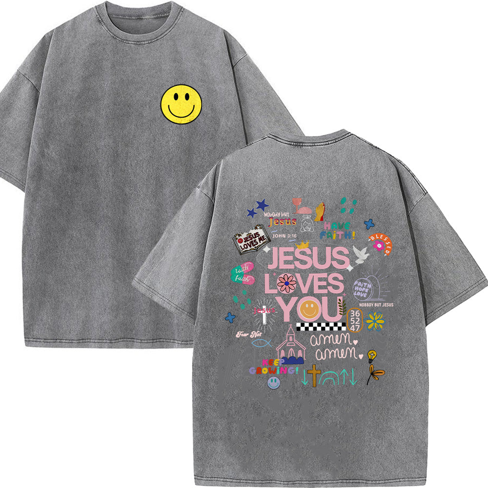 Jesus Loves You with Front Pocket Collage Unisex Washed T-Shirt