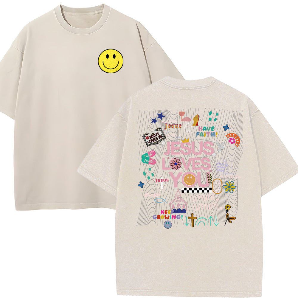 Jesus Loves You with Front Pocket Collage Unisex Washed T-Shirt