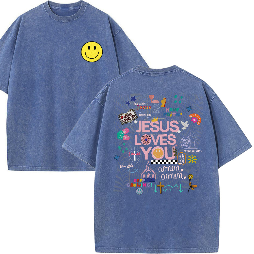 Jesus Loves You with Front Pocket Collage Unisex Washed T-Shirt