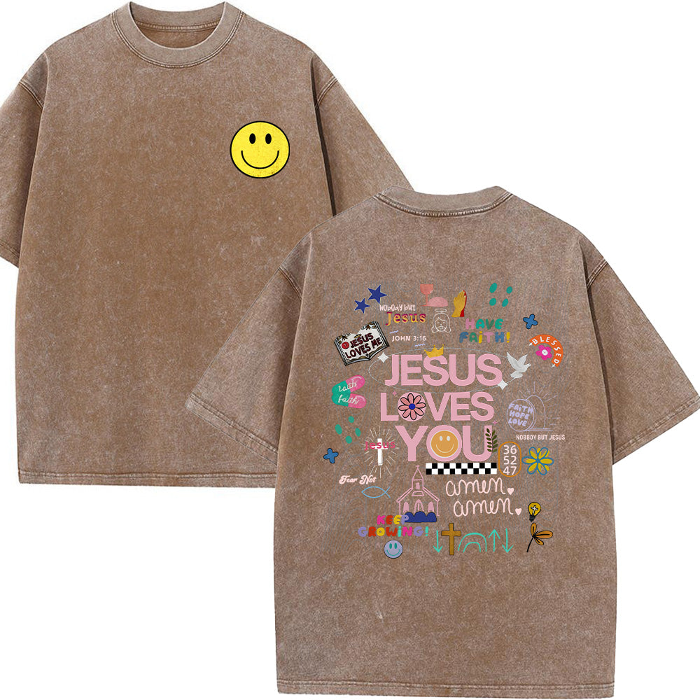 Jesus Loves You with Front Pocket Collage Unisex Washed T-Shirt