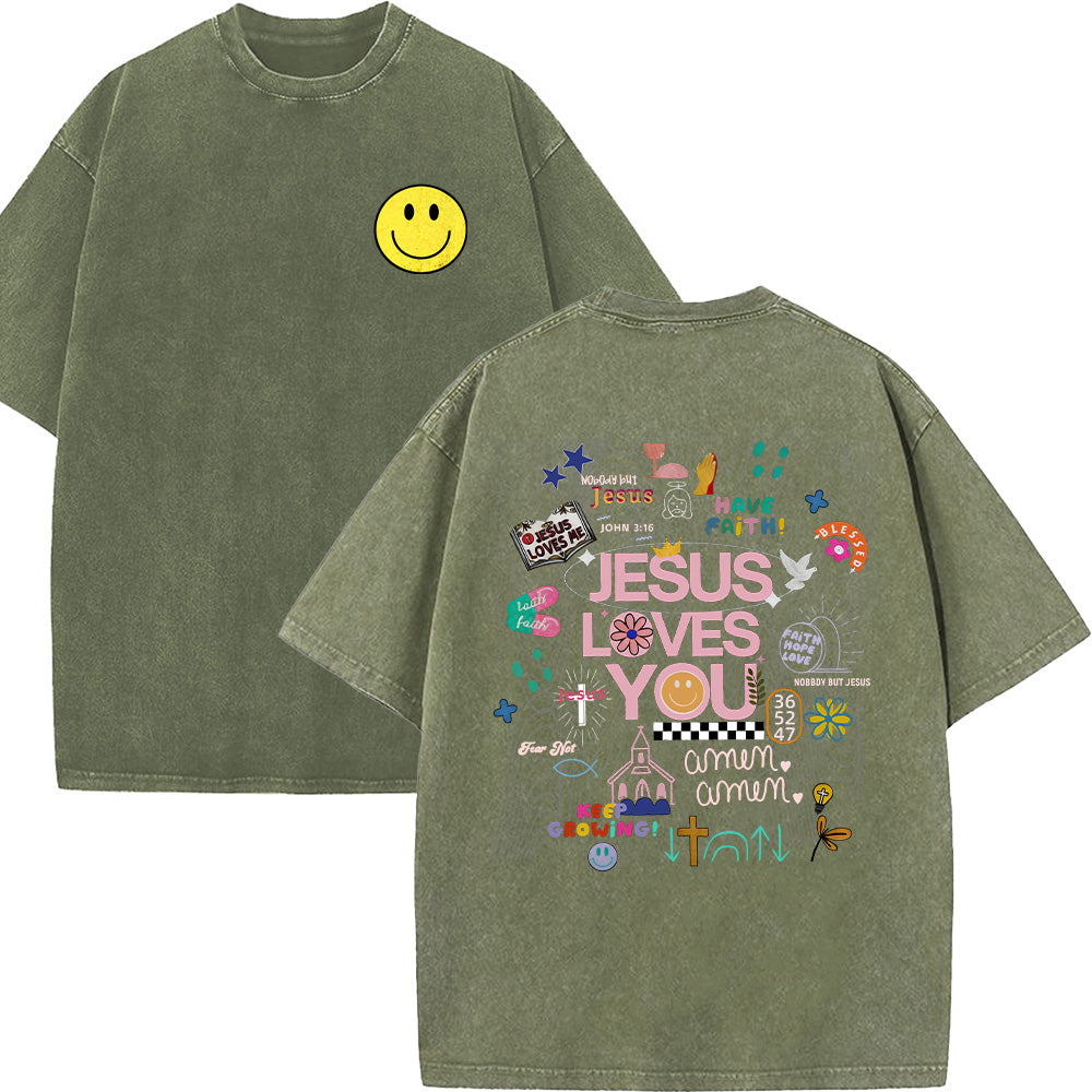 Jesus Loves You with Front Pocket Collage Unisex Washed T-Shirt