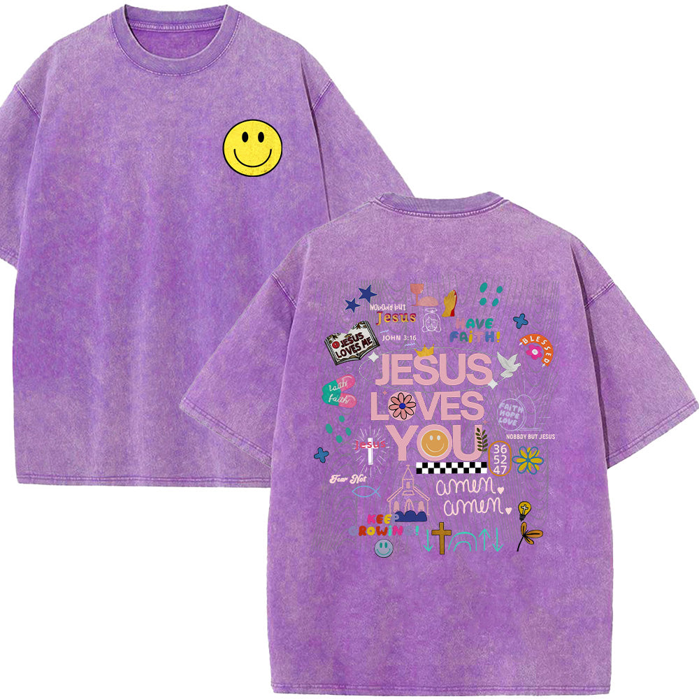 Jesus Loves You with Front Pocket Collage Unisex Washed T-Shirt