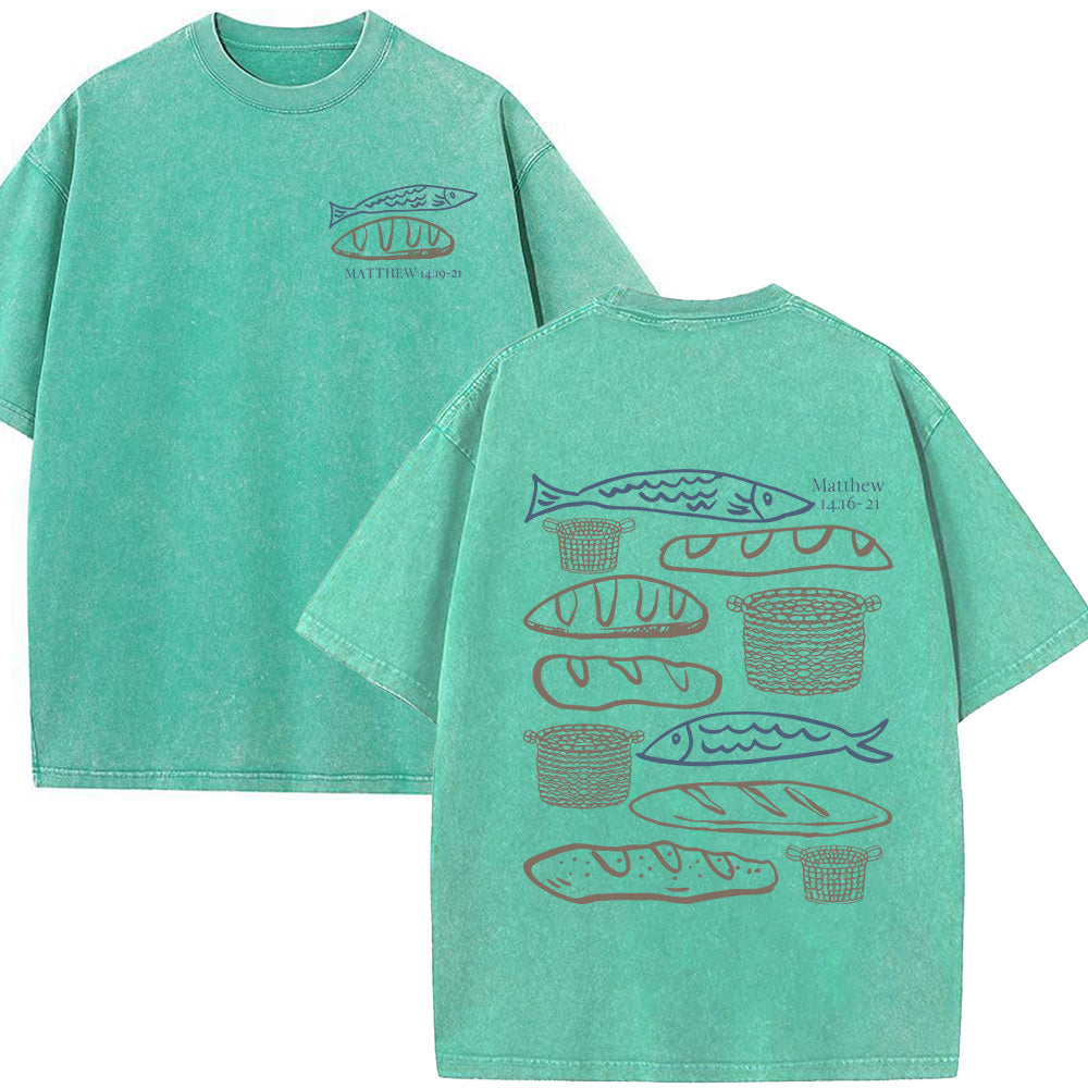 Hand-Drawn Fish & Bread Christian Unisex Washed T-Shirt