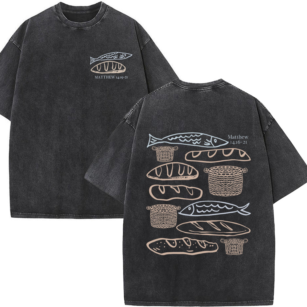 Hand-Drawn Fish & Bread Christian Unisex Washed T-Shirt