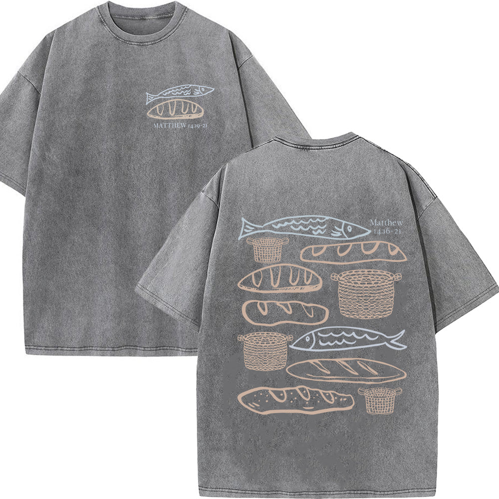 Hand-Drawn Fish & Bread Christian Unisex Washed T-Shirt