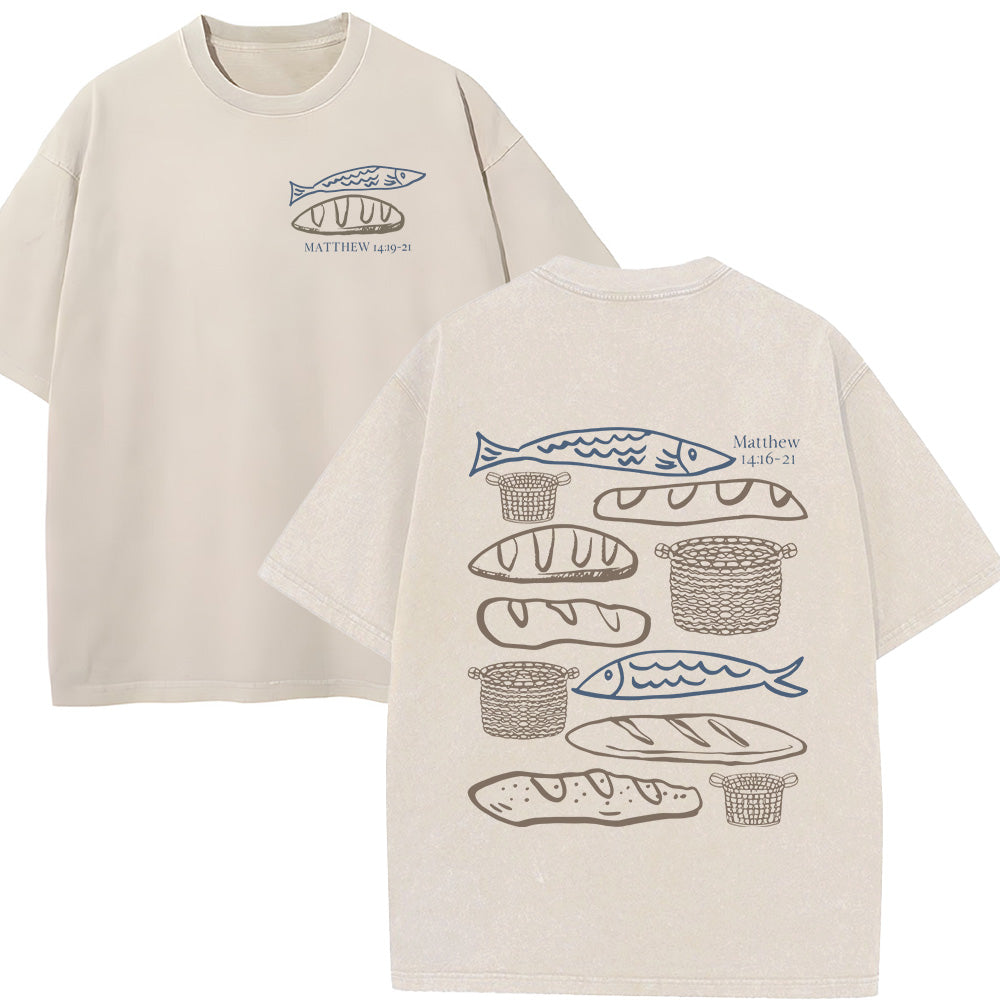 Hand-Drawn Fish & Bread Christian Unisex Washed T-Shirt