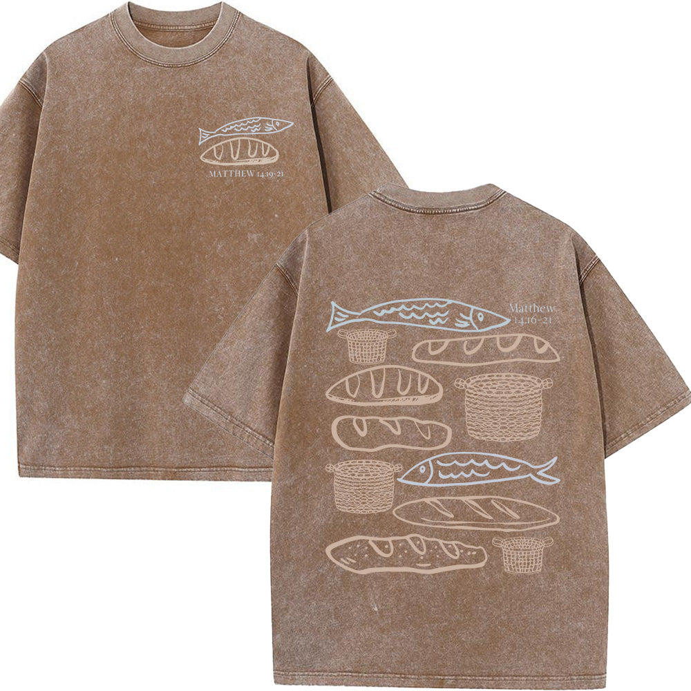 Hand-Drawn Fish & Bread Christian Unisex Washed T-Shirt