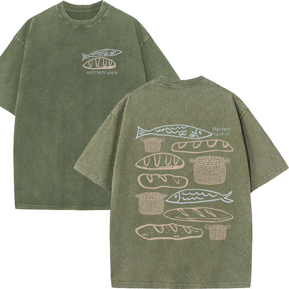 Hand-Drawn Fish & Bread Christian Unisex Washed T-Shirt
