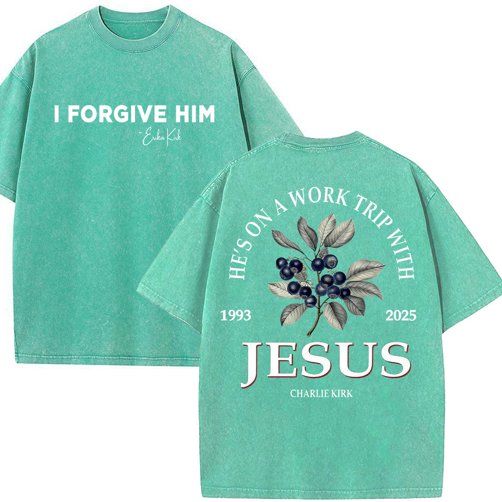 He's on a Work Trip with Jesus Christian Unisex Washed T-Shirt