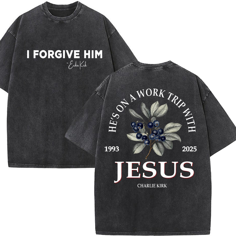 He's on a Work Trip with Jesus Christian Unisex Washed T-Shirt