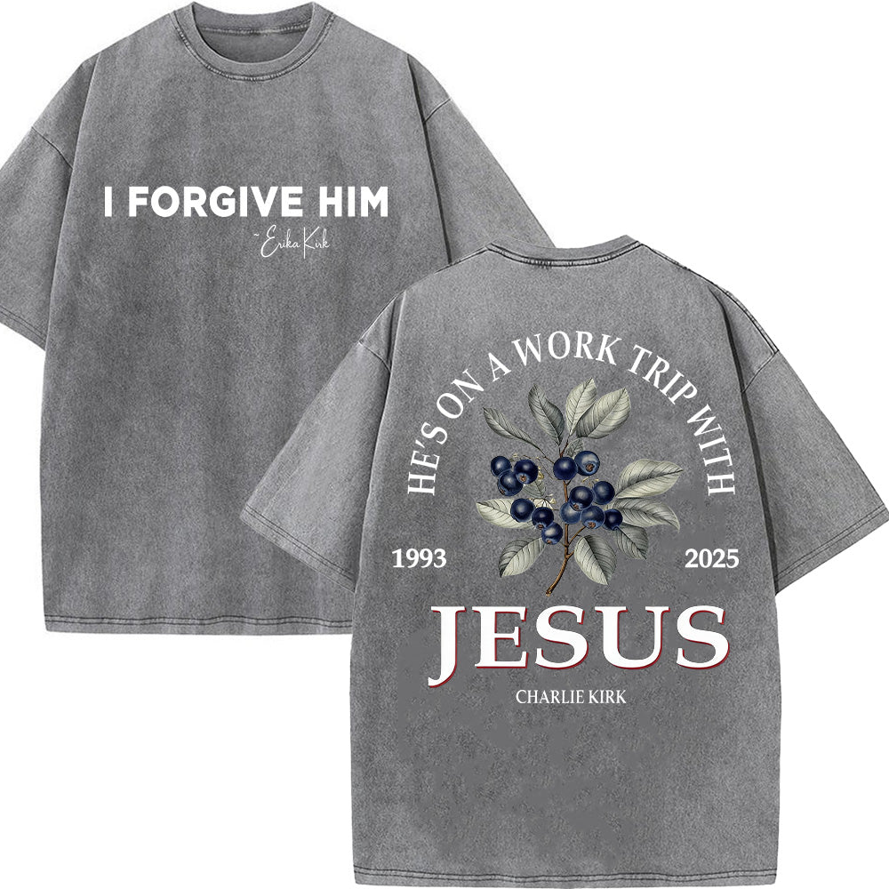 He's on a Work Trip with Jesus Christian Unisex Washed T-Shirt