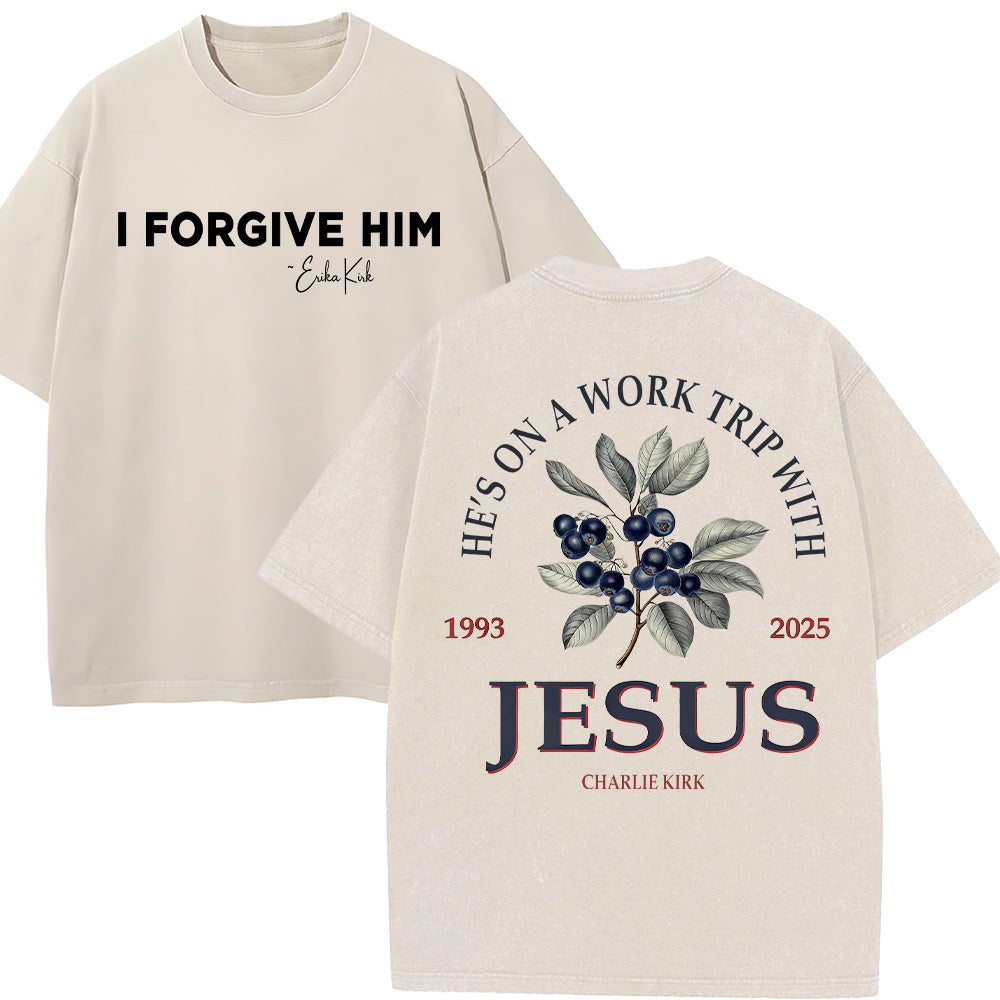 He's on a Work Trip with Jesus Christian Unisex Washed T-Shirt