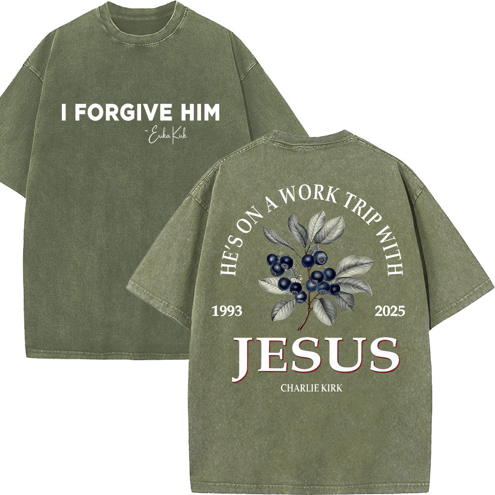 He's on a Work Trip with Jesus Christian Unisex Washed T-Shirt