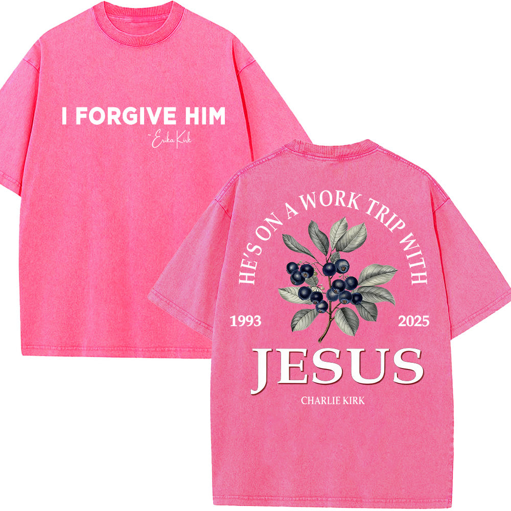 He's on a Work Trip with Jesus Christian Unisex Washed T-Shirt