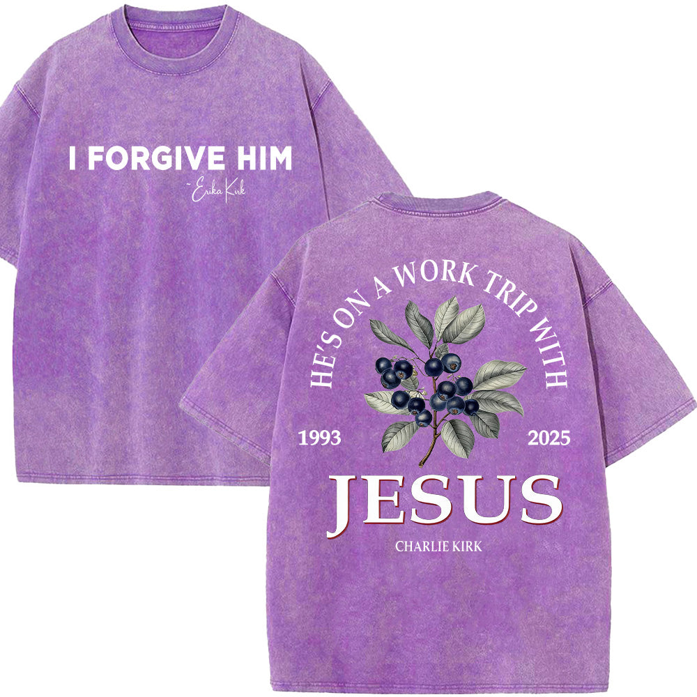 He's on a Work Trip with Jesus Christian Unisex Washed T-Shirt