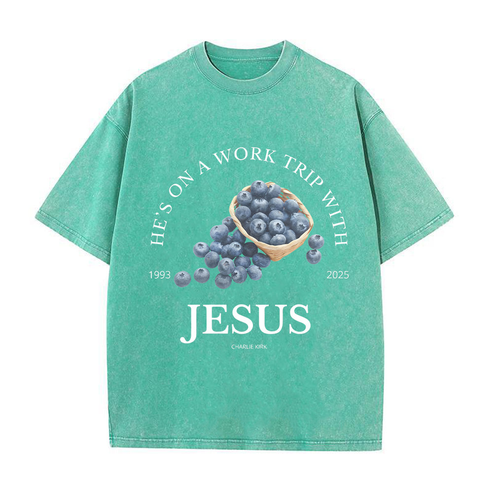 He's on a Work Trip with Jesus Unisex Washed T-Shirt