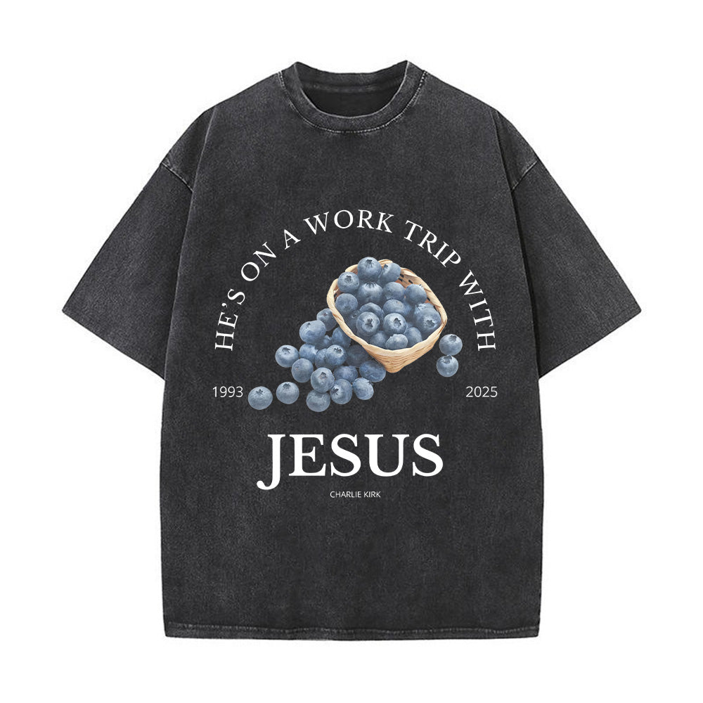 He's on a Work Trip with Jesus Unisex Washed T-Shirt
