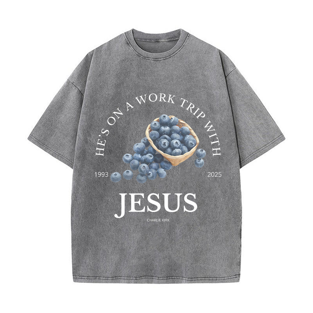 He's on a Work Trip with Jesus Unisex Washed T-Shirt