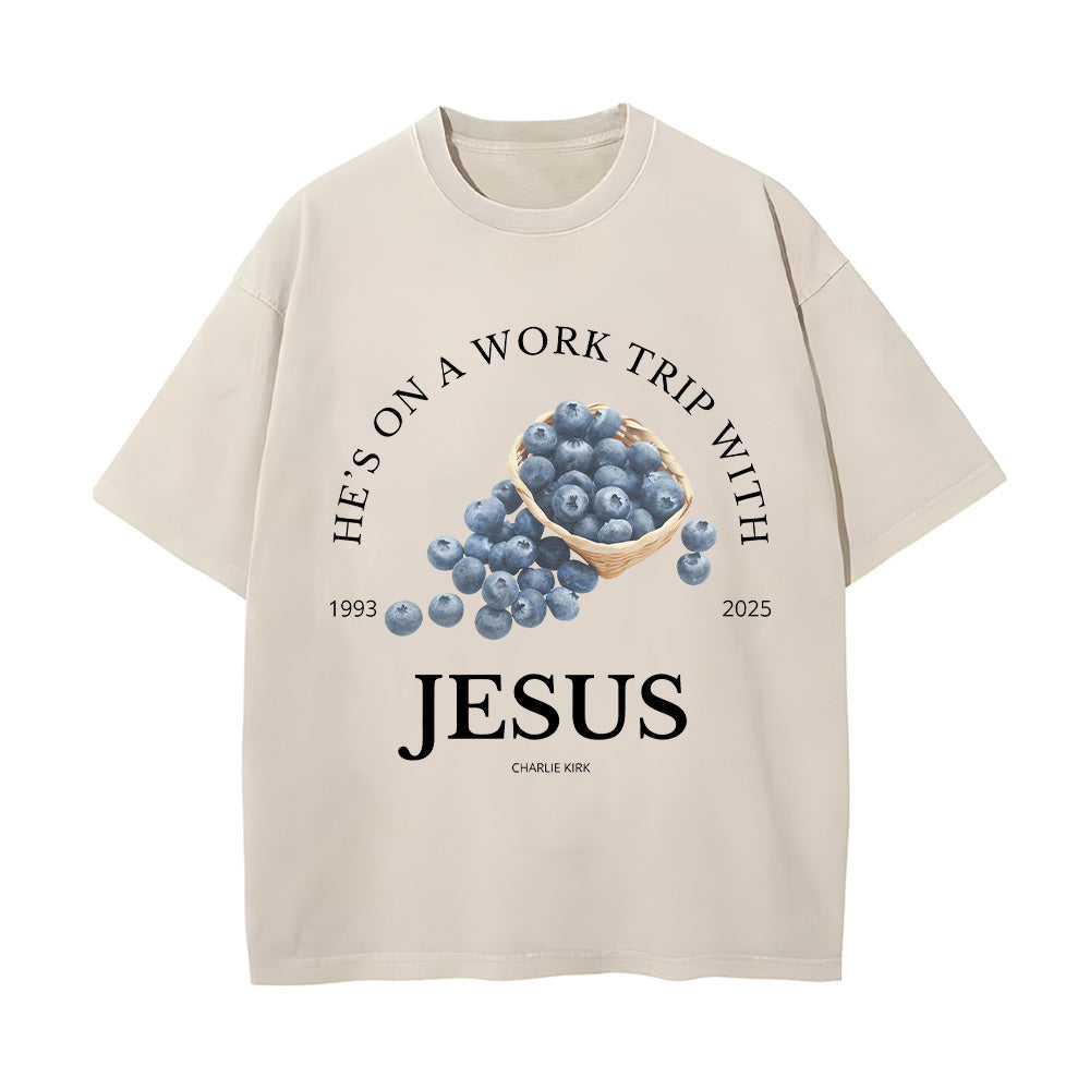 He's on a Work Trip with Jesus Unisex Washed T-Shirt