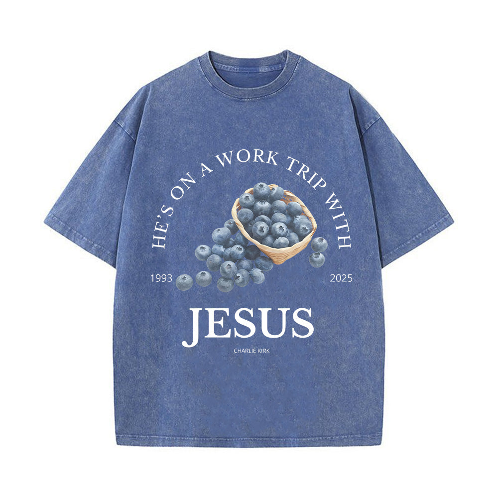 He's on a Work Trip with Jesus Unisex Washed T-Shirt