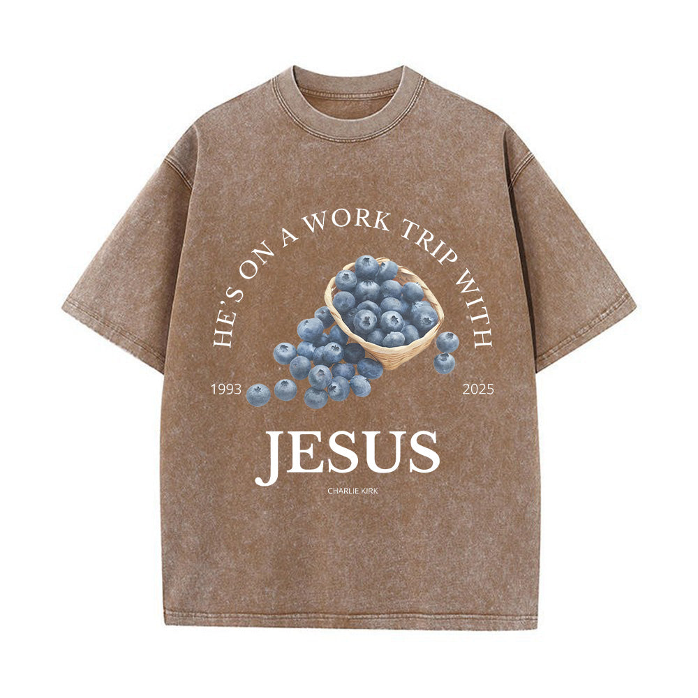 He's on a Work Trip with Jesus Unisex Washed T-Shirt