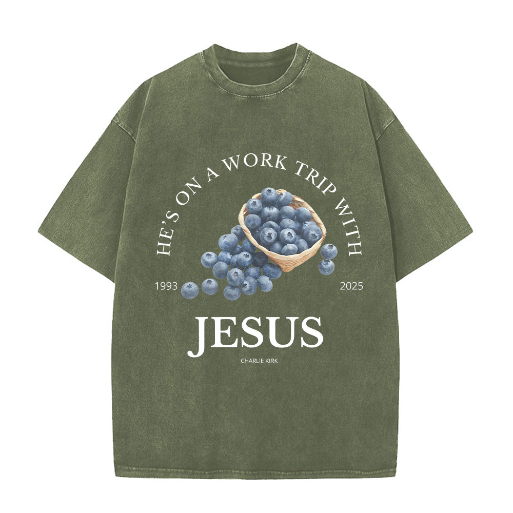 He's on a Work Trip with Jesus Unisex Washed T-Shirt